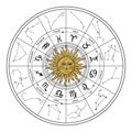 Astrological zodiac wheel with constellations and signs, vector horoscope symbols with sun. Mystical fortune telling