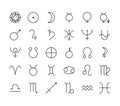 Astrology and alchemical flat line icon set. Vector illustration zodiac signs and planet symbols. Editable strokes Royalty Free Stock Photo