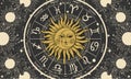 Astrology banner with sun, moon and zodiac signs, mystical tarot card on black background, horoscope background, magic Royalty Free Stock Photo