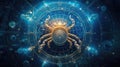 Astrology calendar. Crab magical zodiac sign astrology. Esoteric horoscope and fortune telling concept. CANCER zodiac in universe