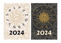 2024 astrology cover for diary, calendar. Sun and moon with face, zodiac wheel with 12 horoscope symbols. Mystical