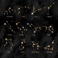 Astrology gold set of zodiac sings and stars on black watercolor background. Horoscope golden symbols collection