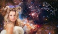 Astrology and horoscope. Aries Zodiac Sign, beautiful woman Aries on the galaxy background Royalty Free Stock Photo