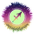 Sagittarius moon sign. Zodiac sign label. Astrology vector. Aurora gradient burst. Stars pattern. Horoscope symbol. Vedic sign.