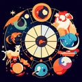 Astrology horoscope circle with zodiac signs. Cartoon horoscope illustration. Generative AI
