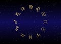 Astrology and horoscope - gold signs of zodiac over night sky and stars dark night sky background , illustration Royalty Free Stock Photo