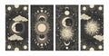 Astrology and mysticism celestial poster set, sun and moon, mystical tarot cards, flat engraving illustrations, line