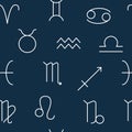 Astrology seamless pattern with flat line icons. White symbols zodiac signs on a blue background Royalty Free Stock Photo