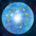 Zodiac signs on horoscope with esoteric, occult, mystic symbols like astrology and esoteric concept