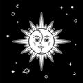 Astrology sun moon tarot card. Black and white sunny face. Design for tattoo, vector illustration, background. Royalty Free Stock Photo