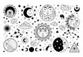 Astrology symbols. Silhouette sun and moon. Black star constellations. Occult vintage clouds. Esoteric or tarot line Royalty Free Stock Photo