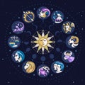 Astrology wheel with cartoon zodiac signs on outer space background. Star map. Horoscope Royalty Free Stock Photo