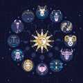 Astrology wheel with cartoon zodiac signs on outer space background. Star map. Horoscope Royalty Free Stock Photo