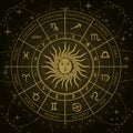 Astrology wheel with zodiac signs and sun in center on dark background