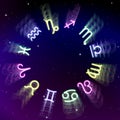 Astrology zodiac signs wheel with twelve colorful symbols in space. Full astrologic year Royalty Free Stock Photo