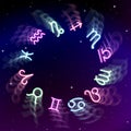 Astrology zodiac signs wheel with twelve colorful symbols in space. Full astrologic year