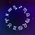 Astrology Zodiac signs wheel with twelve neon symbols in space Royalty Free Stock Photo