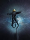 Astronaut absorbed by the cosmic eye. Collapse into nothing as cosmonaut is moving on light speed attracted by the gravity of an Royalty Free Stock Photo