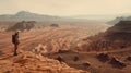 An astronaut against the background of a realistic landscape of Mars in orange tones. AI Generated