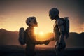 Astronaut and alien or android on planet in deep space at sunset