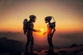 Astronaut and alien or android on planet in deep space at sunset, generative AI