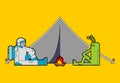 Astronaut and alien on picnic. Spaceman and green Space Invader on camping. vector illustration