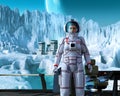 Astronaut on alien Planet with mountains, ice, snow and Sea, spacebase, 3d illustration