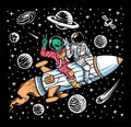 Astronaut and alien ride on rockets illustration