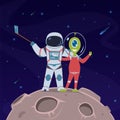 Astronaut and alien selfie. Friendship between spaceman and alien humanoid on remote space planet cartoon vector