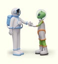 Astronaut and alien shake hands. Concept of first contact Royalty Free Stock Photo