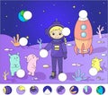 Astronaut with aliens on the surface of Moon. complete the puzzle and find the missing parts of the picture. Vector illustration. Royalty Free Stock Photo