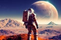 Astronaut alone on alien planet. Generative AI
