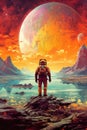 Astronaut alone on alien planet. Generative AI