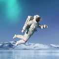 Astronaut in another planet is floating in the air on the ice lake in square view