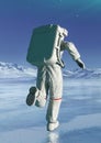 Astronaut in another planet is running on the ice lake rear view