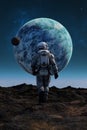 Astronaut approaches with a colossal planet and its moon dominating the star-sprinkled cosmos. 3d render