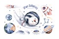 Astronaut baby boy girl bunny, space suit, cosmonaut stars, planet, moon, rocket and shuttle isolated watercolor space ship