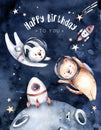 Astronaut baby boy girl elephant, fox cat and bunny, space posters, birthday invitations cosmonaut stars, planet, moon, rocket and Royalty Free Stock Photo