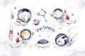 Astronaut baby boy girl elephant, fox cat and bunny, space suit, cosmonaut stars, planet, moon, rocket and shuttle