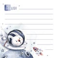 To do list. todo Astronaut baby boy girl elephant, fox cat and bunny, space suit, cosmonaut stars, planet, moon, rocket and Royalty Free Stock Photo