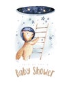 Astronaut baby boy girl elephant, fox cat and bunny, space suit, baby shower invitation cosmonaut stars, planet, moon, rocket and