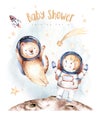 Astronaut baby boy girl elephant, fox cat and bunny, space suit, baby shower invitation cosmonaut stars, planet, moon, rocket and Royalty Free Stock Photo