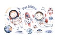 Astronaut baby boy girl space suit, cosmonaut stars, planet, moon, rocket and shuttle isolated watercolor space ship