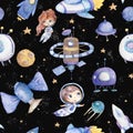 Astronaut baby boy girl space suit pattern Baby shower. Little boy and girl astronauts floating around in open space