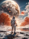 Astronaut in beautiful another world with surreal nature