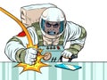 The astronaut boss hits the table with his fist. Emotions in the office. Angry boss