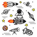 The astronaut boy flies on a rocket. Satellite, planets, spaceships.