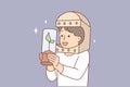 Astronaut boy holds tree in test tube and dreams of growing plants flying into space