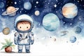 astronaut boy and universe planets watercolor white background