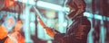 Futuristic Astronaut Business Worker Analyzing Data in Modern Urban Environment with Digital Interface